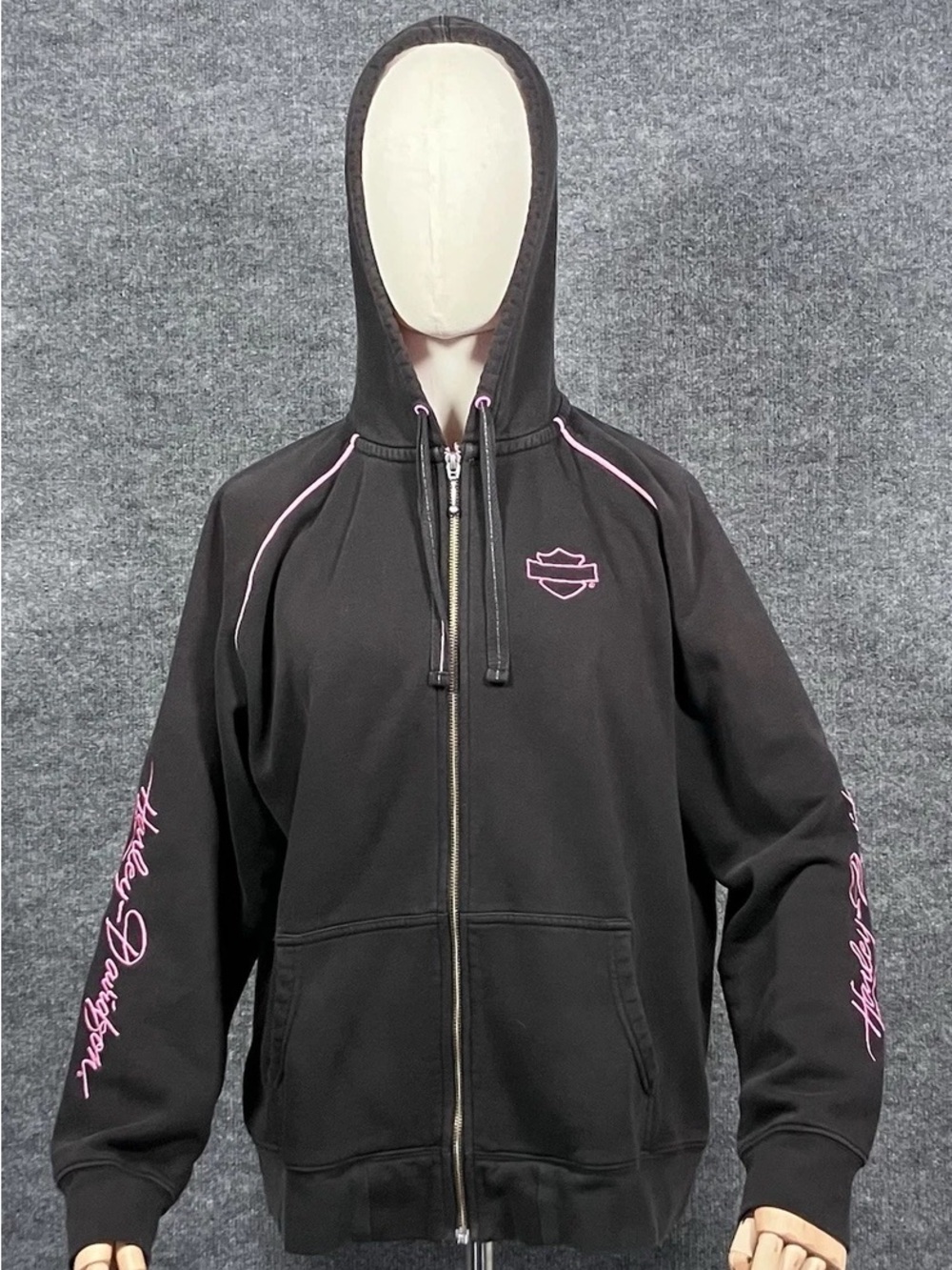 Harley-Davidson Black Hoodie with Embroidered Pink Script Accents